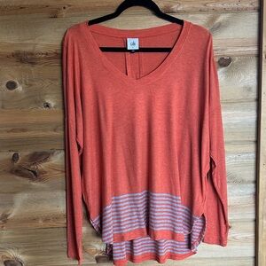 CAbi Orange Long Sleeve Sweater with Gray Striped Hem